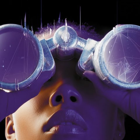 Abstract, futuristic artwork of a person looking through glowing digital binoculars, symbolizing vision, foresight, and exploring new possibilities.