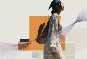 Stylized artwork of a student in a graduation cap and backpack walking forward, layered with geometric shapes and flowing abstract textures, representing progress and transformation through education.