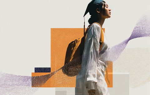 Stylized artwork of a student in a graduation cap and backpack walking forward, layered with geometric shapes and flowing abstract textures, representing progress and transformation through education.