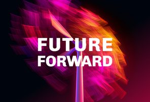 Abstract digital artwork of a wind turbine surrounded by swirling neon colors in pink, orange, and purple, with bold white text reading ‘Future Forward.’