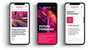 Photo of three smartphones side by side displaying Boldyn Networks mobile interfaces: a news update, a bold ‘Future Forward’ campaign graphic with a wind turbine, and an employee benefits page—showcasing the brand’s digital presence and messaging.