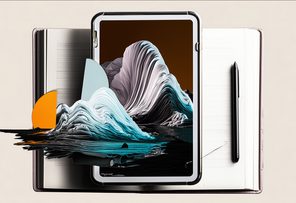 Abstract digital artwork of a tablet placed on an open notebook, with layered, wave-like paper textures flowing out from the screen—illustrating the immersive and transformative experience of digital reading.