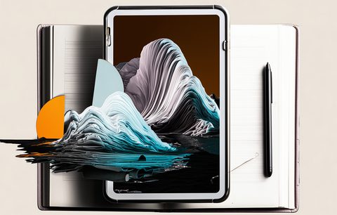 Abstract digital artwork of a tablet placed on an open notebook, with layered, wave-like paper textures flowing out from the screen—illustrating the immersive and transformative experience of digital reading.