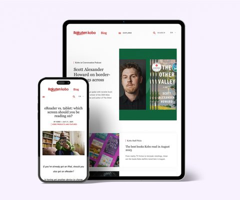 Photo of a smartphone and tablet side by side, both displaying the Rakuten Kobo blog with articles, author features, and book recommendations—showcasing a clean, modern digital publishing interface.