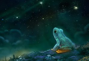 Illustrated artwork of a frog sitting on a grassy rock beneath a vast, star-filled night sky, created to represent Optilogic’s Cosmic Frog brand.
