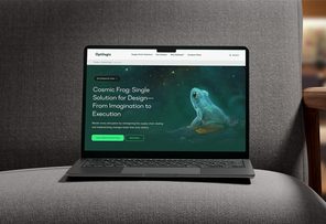 Photo of a laptop on a gray chair displaying the Optilogic website, featuring the Cosmic Frog product page.