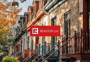 Photo of a residential street with brick row houses, overlaid with the REALTOR.ca logo.