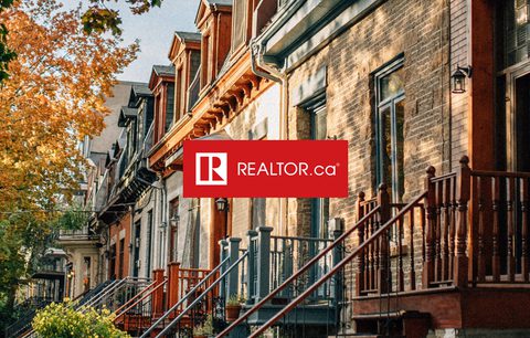 Photo of a residential street with brick row houses, overlaid with the REALTOR.ca logo.
