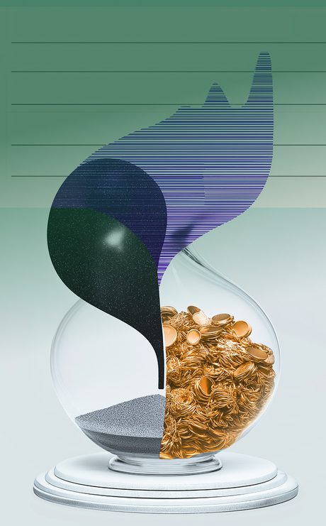 An abstract hourglass where flowing time transforms into golden coins at the bottom, symbolizing saved time and budget turning into financial growth.