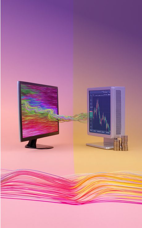 Abstract and highly stylized illustration of two computer monitors connected by flowing colorful lines, blending financial charts, coins, and digital textures.