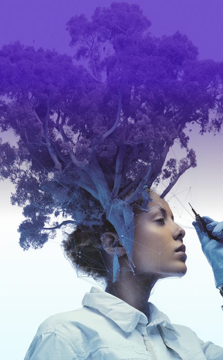 Abstract and highly stylized artwork of a person’s profile with a large tree growing from their head, blending organic textures with surreal digital elements.