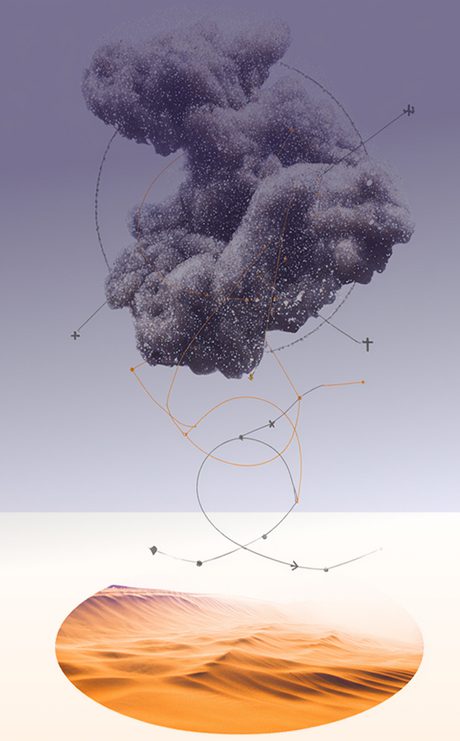 Abstract artwork of a desert landscape below a dense, cloud-like data cluster, with orbiting lines gradually organizing into clear paths—symbolizing simplification and clarity emerging from complexity.