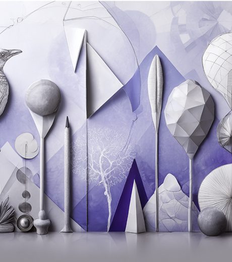 Abstract surreal artwork featuring a mix of geometric shapes, organic textures, and a sketched bird, blending natural and architectural elements in shades of purple and white.
