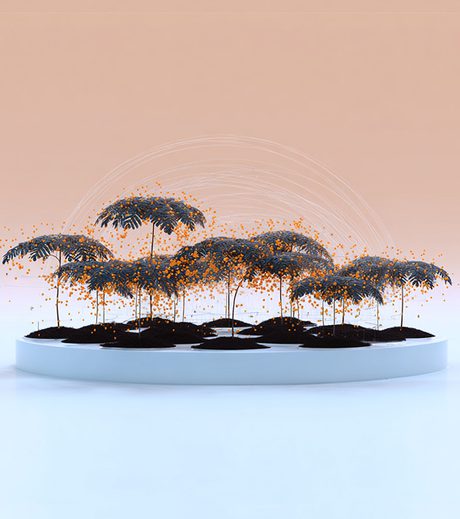 Abstract surreal artwork of small stylized trees with glowing orange particles, arranged in a circular formation, symbolizing growth, connection, and partnership.